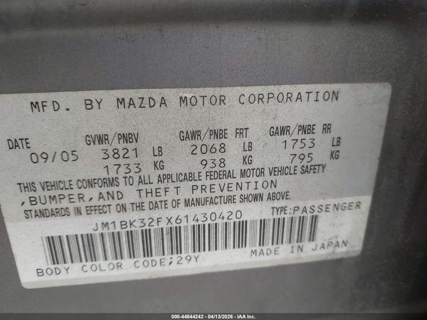 2006 Mazda Mazda3 I VIN: JM1BK32FX61430420 Lot: 44844242