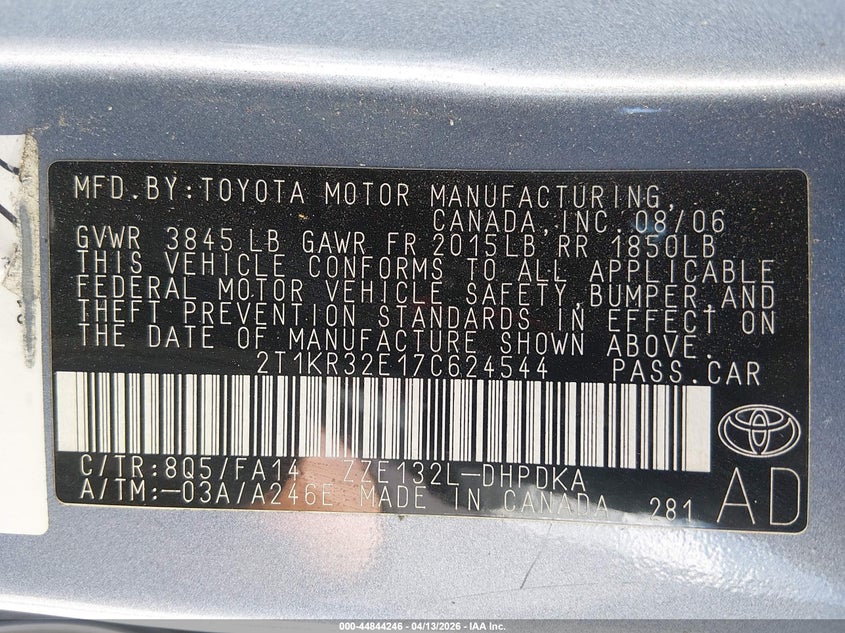 2007 Toyota Matrix VIN: 2T1KR32E17C624544 Lot: 44844246