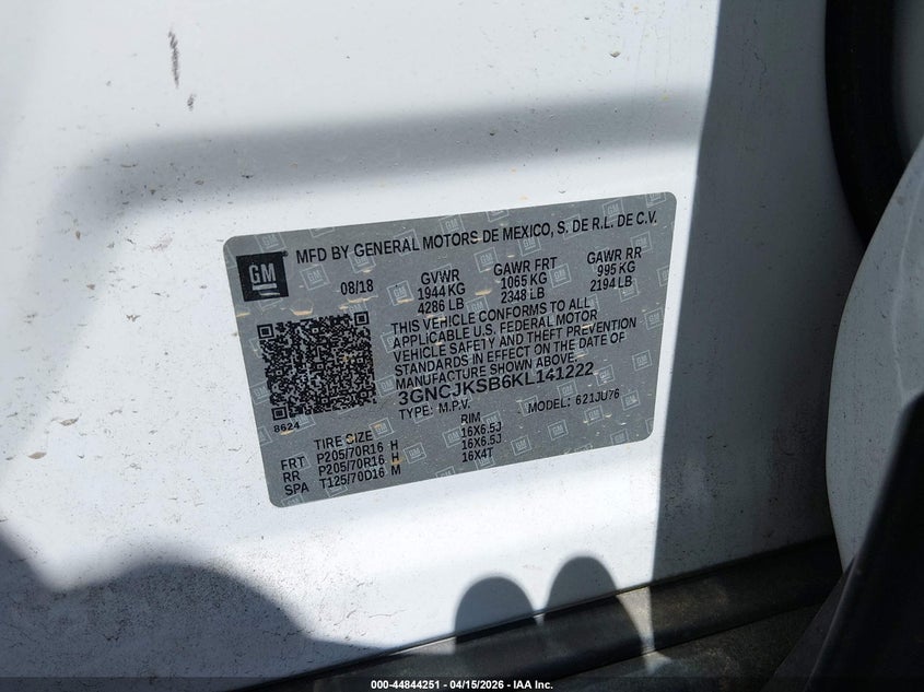 2019 Chevrolet Trax Ls VIN: 3GNCJKSB6KL141222 Lot: 44844251