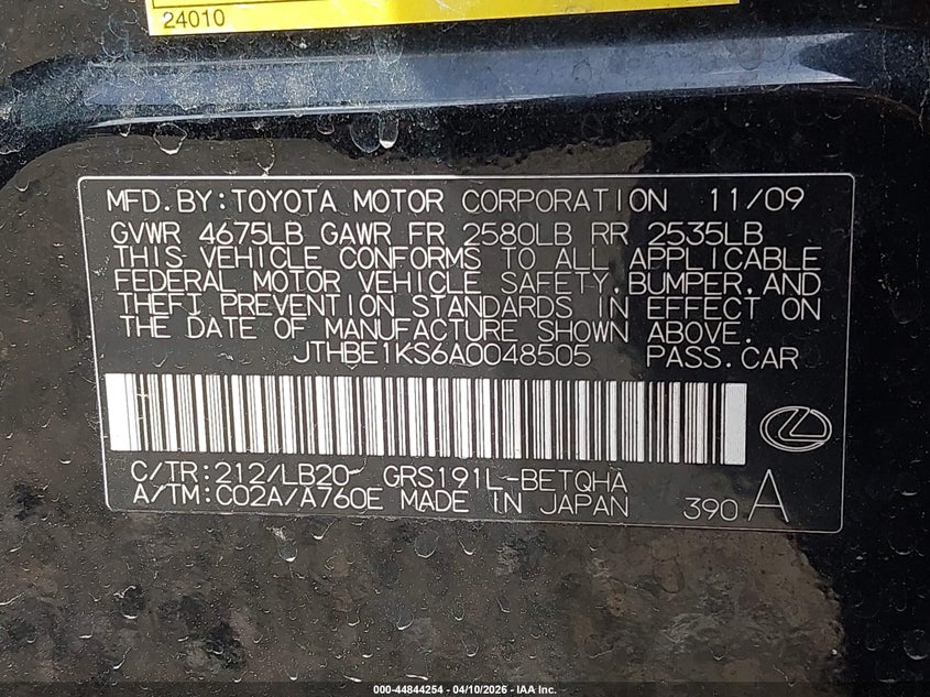 2010 Lexus Gs 350 VIN: JTHBE1KS6A0048505 Lot: 44844254