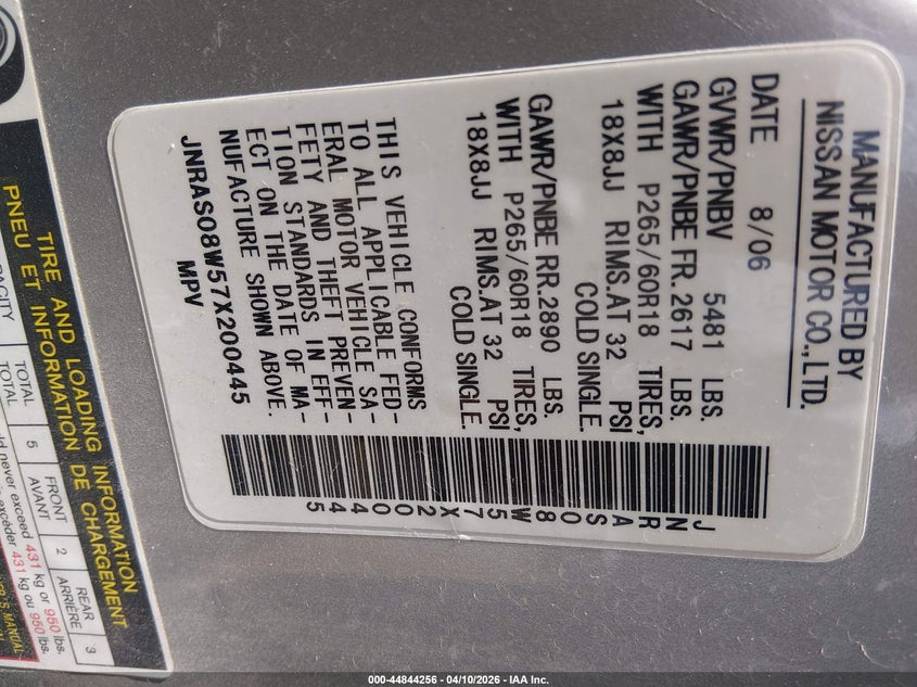 2007 Infiniti Fx35 VIN: JNRAS08W57X200445 Lot: 44844256