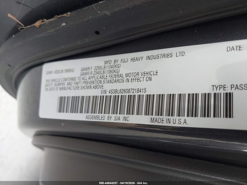 2008 Subaru Legacy 2.5I Limited VIN: 4S3BL626087218415 Lot: 44844257
