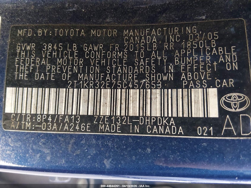 2005 Toyota Matrix VIN: 2T1KR32E75C457653 Lot: 44844261