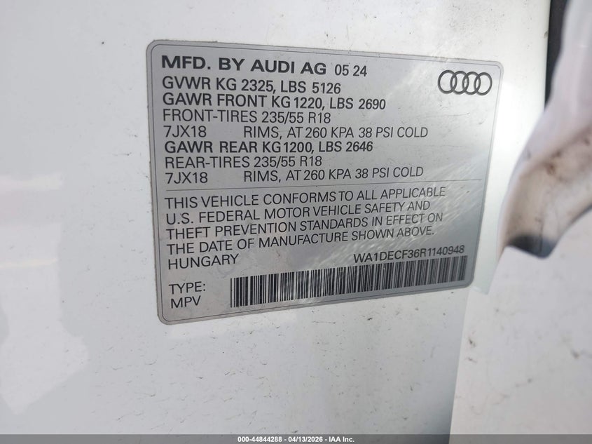 2024 Audi Q3 Premium 45 Tfsi S Line Quattro Tiptronic VIN: WA1DECF36R1140948 Lot: 44844288