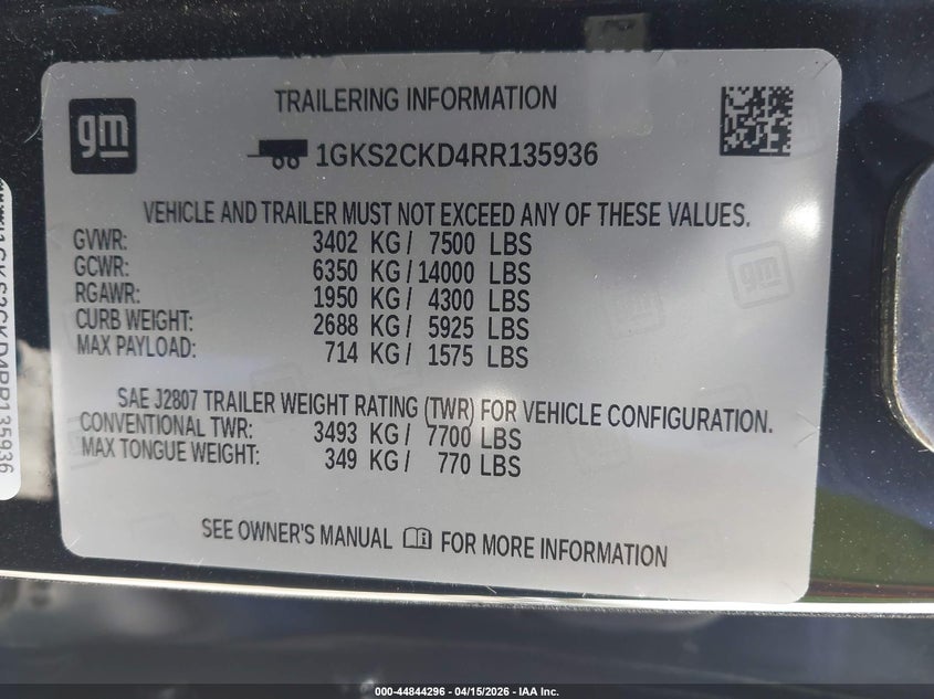 2024 GMC Yukon 4Wd At4 VIN: 1GKS2CKD4RR135936 Lot: 44844296