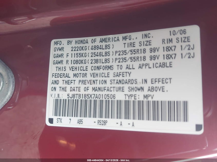 2007 Acura Rdx VIN: 5J8TB185X7A010506 Lot: 44844304