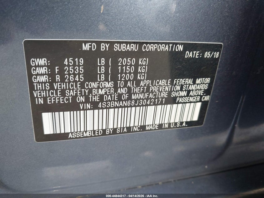 2018 Subaru Legacy 2.5I Limited VIN: 4S3BNAN68J3042171 Lot: 44844317