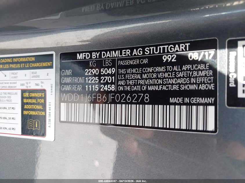 2018 Mercedes-Benz E 400 VIN: WDD1J6FB6JF026278 Lot: 44844337