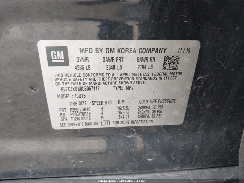 2020 Chevrolet Trax Fwd Ls VIN: KL7CJKSB0LB067112 Lot: 44844347