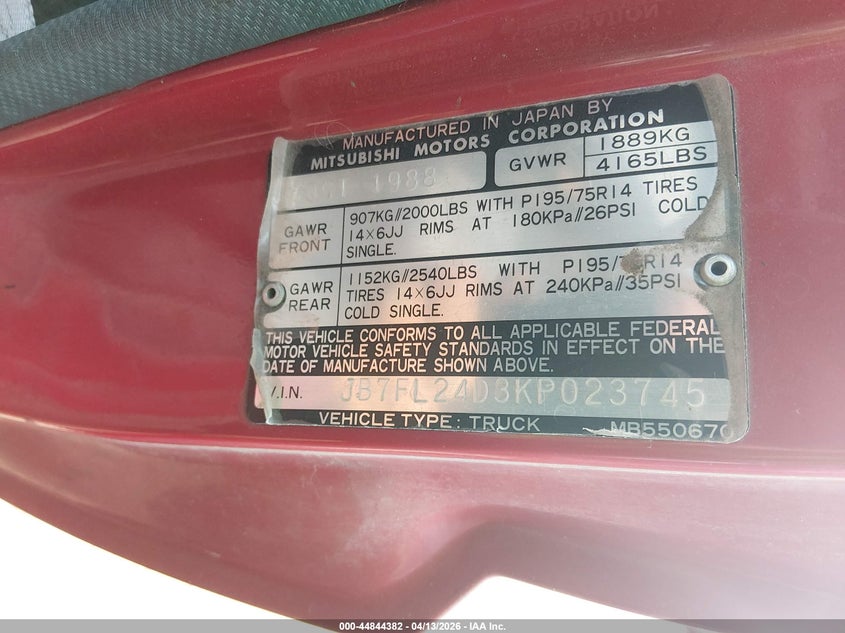 1989 Dodge Ram 50 VIN: JB7FL24D3KP023745 Lot: 44844382