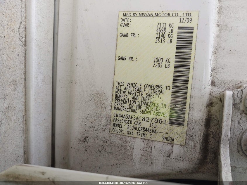 2010 Nissan Maxima 3.5 S VIN: 1N4AA5AP3AC827961 Lot: 44844388