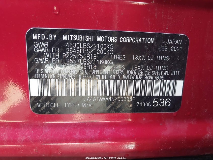 2022 Mitsubishi Eclipse Cross Se S-Awc/Se Special Edition S-Awc/Sel S-Awc/Sel Special Edition S-Awc VIN: JA4ATWAA4NZ003342 Lot: 44844389