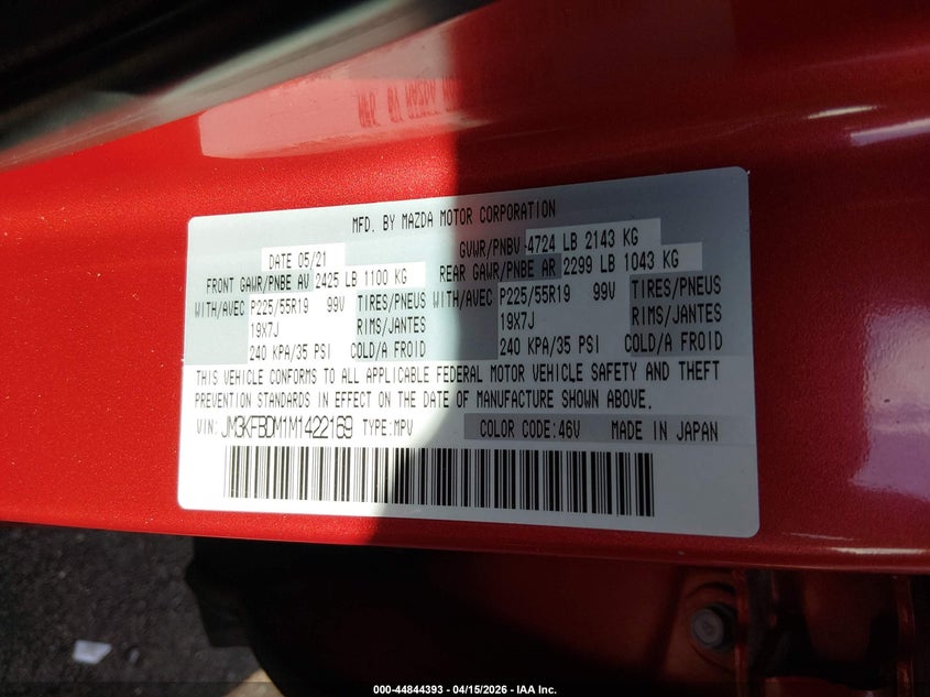 2021 Mazda Cx-5 Grand Touring VIN: JM3KFBDM1M1422169 Lot: 44844393