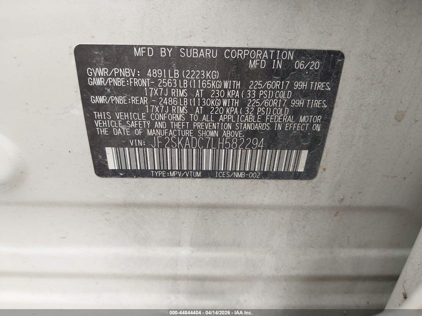 2020 Subaru Forester VIN: JF2SKADC7LH582294 Lot: 44844404