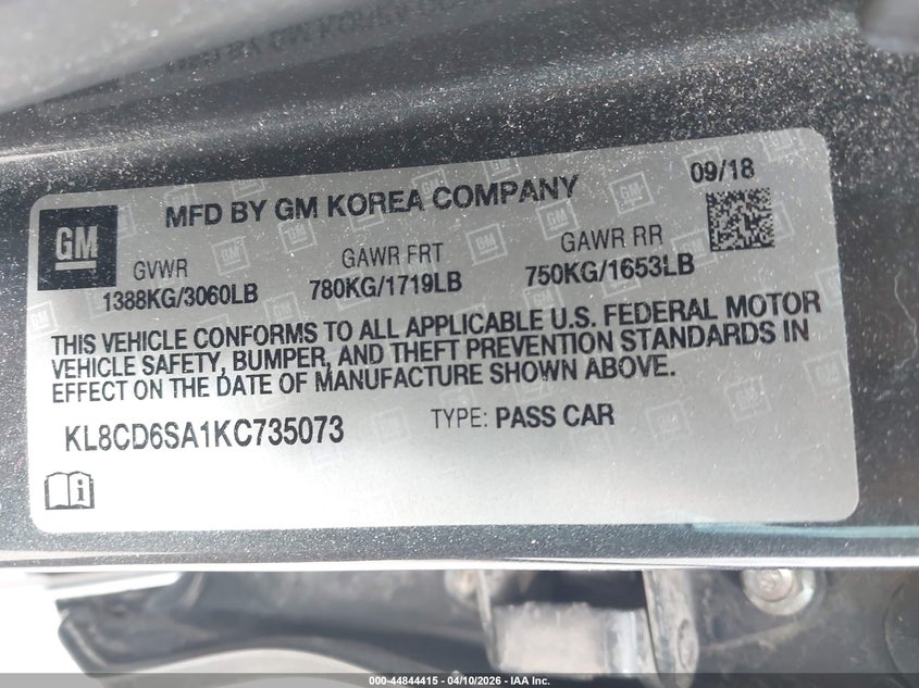 2019 Chevrolet Spark 1Lt Cvt VIN: KL8CD6SA1KC735073 Lot: 44844415