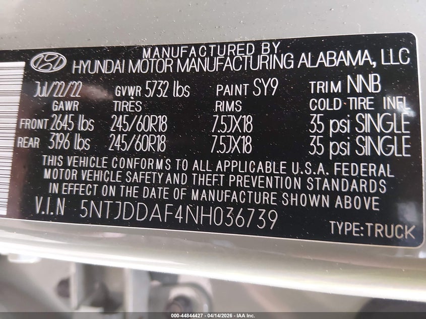 2022 Hyundai Santa Cruz Sel Premium VIN: 5NTJDDAF4NH036739 Lot: 44844427