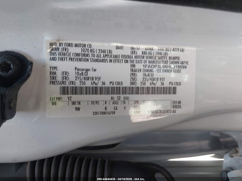 2017 Ford Focus St VIN: 1FADP3L98HL318599 Lot: 44844438