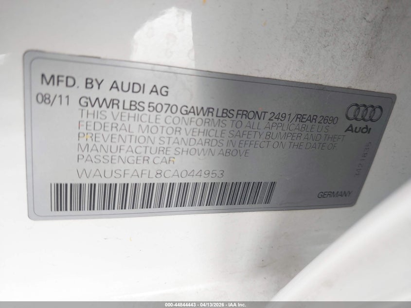 2012 Audi A4 2.0 2.0T Premium Unknown Lot 111044844443 Vin WAUSFAFL8CA044953
