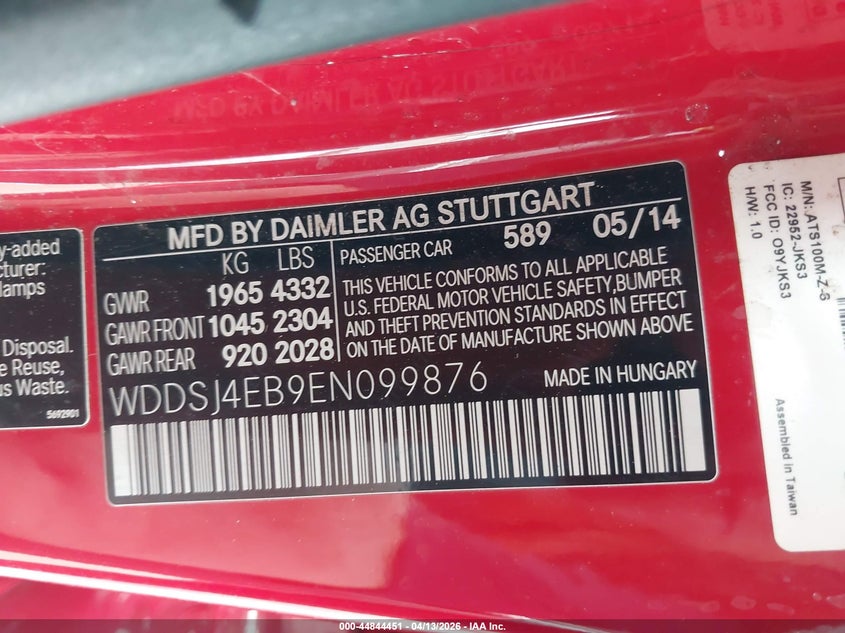 2014 Mercedes-Benz Cla 250 VIN: WDDSJ4EB9EN099876 Lot: 44844451