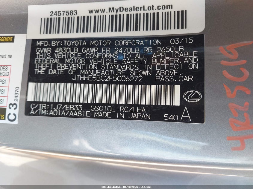 2015 Lexus Rc 350 VIN: JTHHE5BC2F5006272 Lot: 44844454