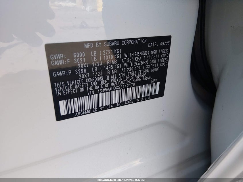 2025 Subaru Ascent Touring 7-Passenger VIN: 4S4WMAUDXS3442170 Lot: 44844460