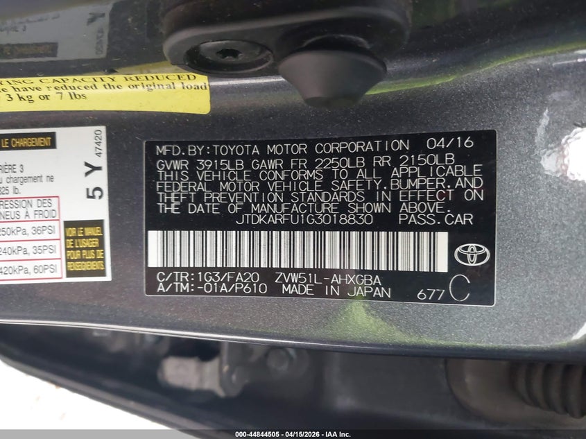 2016 Toyota Prius Three VIN: JTDKARFU1G3018830 Lot: 44844505