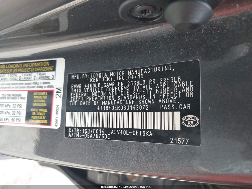 2011 Toyota Camry Se VIN: 4T1BF3EK0BU143072 Lot: 44844537