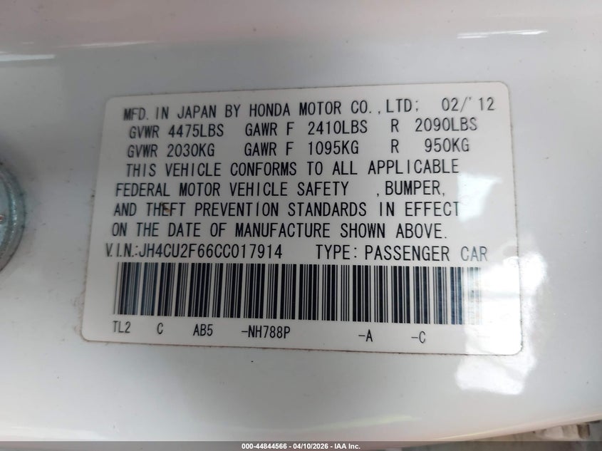 2012 Acura Tsx 2.4 VIN: JH4CU2F66CC017914 Lot: 44844566