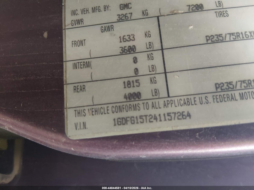 2004 GMC Savana Upfitter VIN: 1GDFG15T241157264 Lot: 44844581