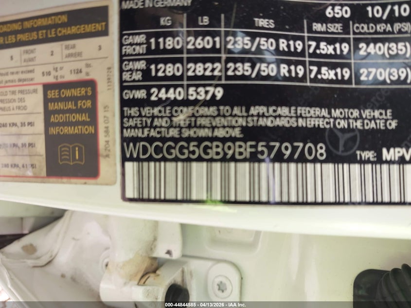 2011 Mercedes-Benz Glk 350 VIN: WDCGG5GB9BF579708 Lot: 44844585