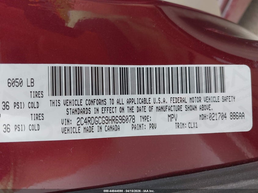 2017 Dodge Grand Caravan Sxt VIN: 2C4RDGCG9HR696078 Lot: 44844598