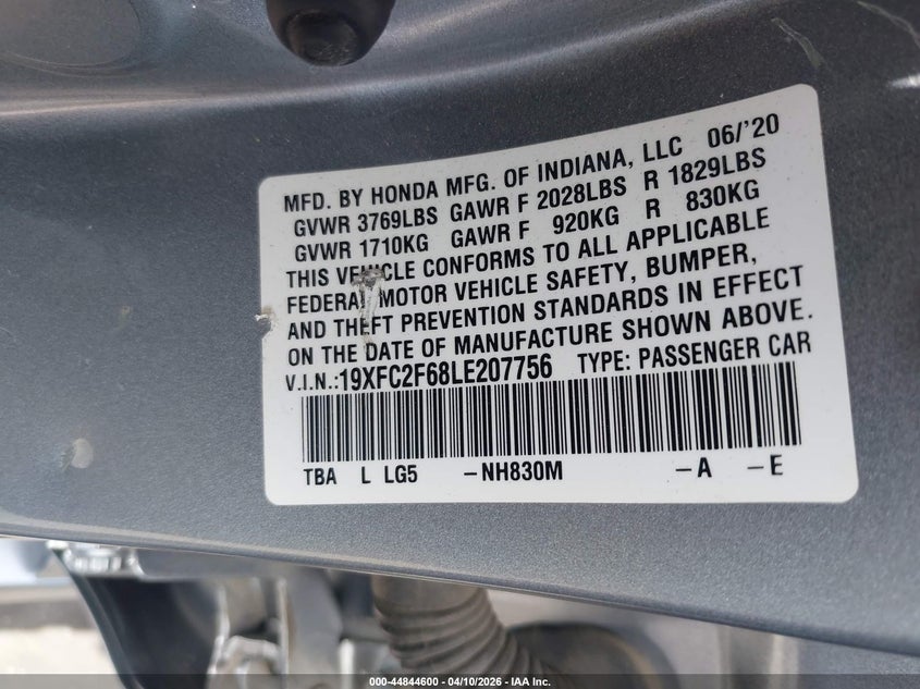 2020 Honda Civic 2.0 Lx Silver Lot 111044844600 Vin 19XFC2F68LE207756