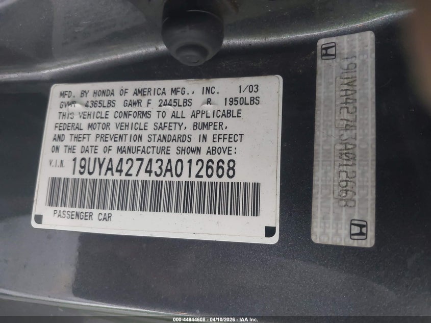 2003 Acura Cl 3.2 Type S VIN: 19UYA42743A012668 Lot: 44844608