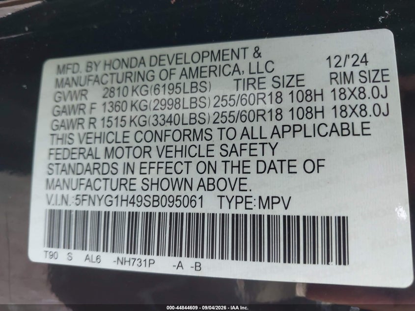 HONDA PILOT 2025 VIN 5FNYG1H49SB095061