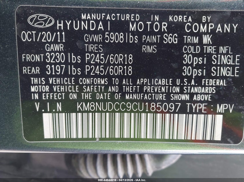 2012 Hyundai Veracruz Limited VIN: KM8NUDCC9CU185097 Lot: 44844616