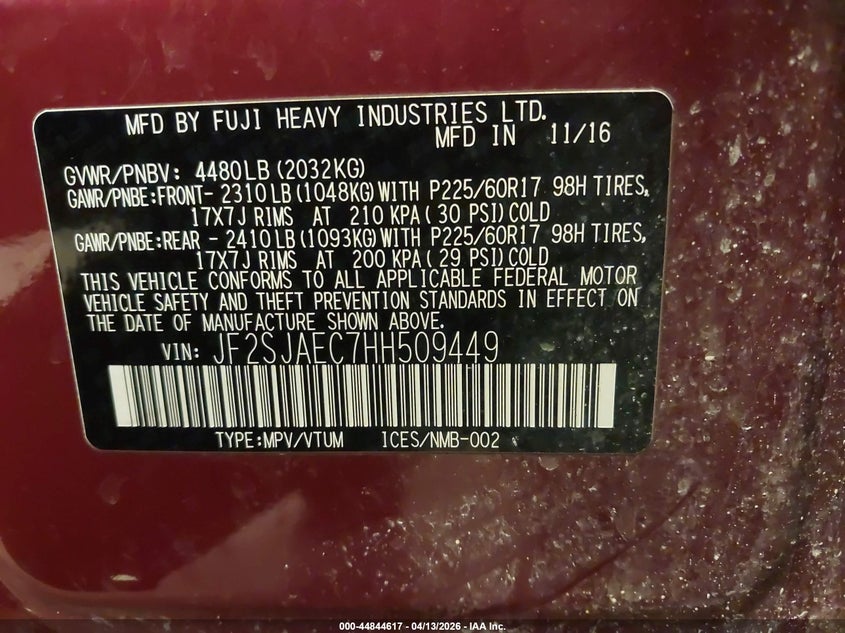 2017 Subaru Forester 2.5I Premium VIN: JF2SJAEC7HH509449 Lot: 44844617