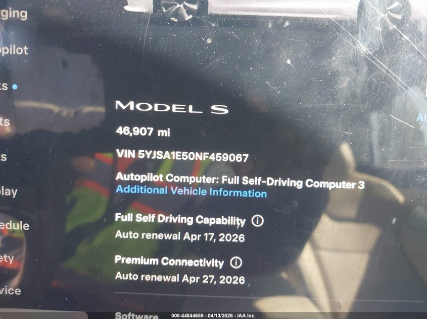 2022 Tesla Model S Dual Motor All-Wheel Drive VIN: 5YJSA1E50NF459067 Lot: 44844659