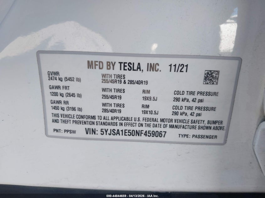 2022 Tesla Model S Dual Motor All-Wheel Drive VIN: 5YJSA1E50NF459067 Lot: 44844659