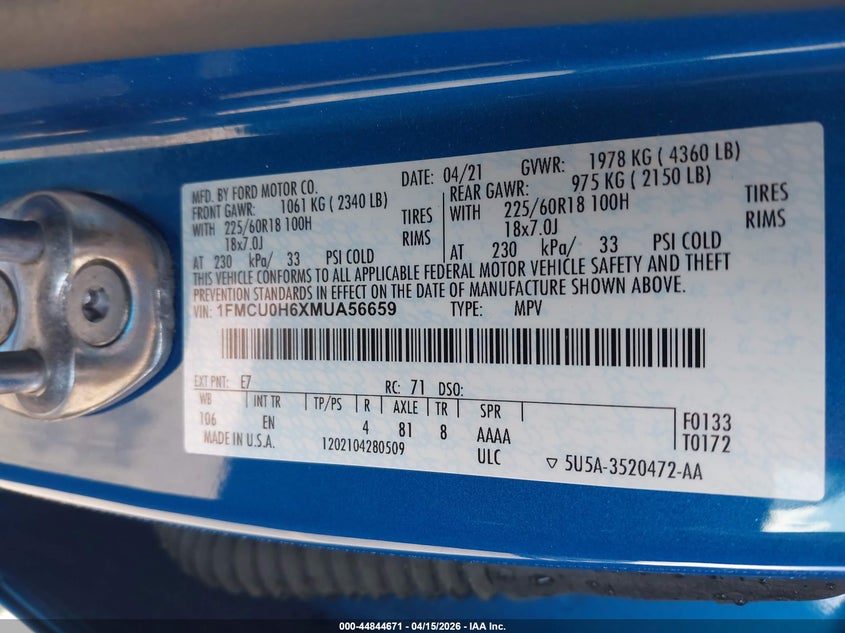 2021 Ford Escape Sel VIN: 1FMCU0H6XMUA56659 Lot: 44844671