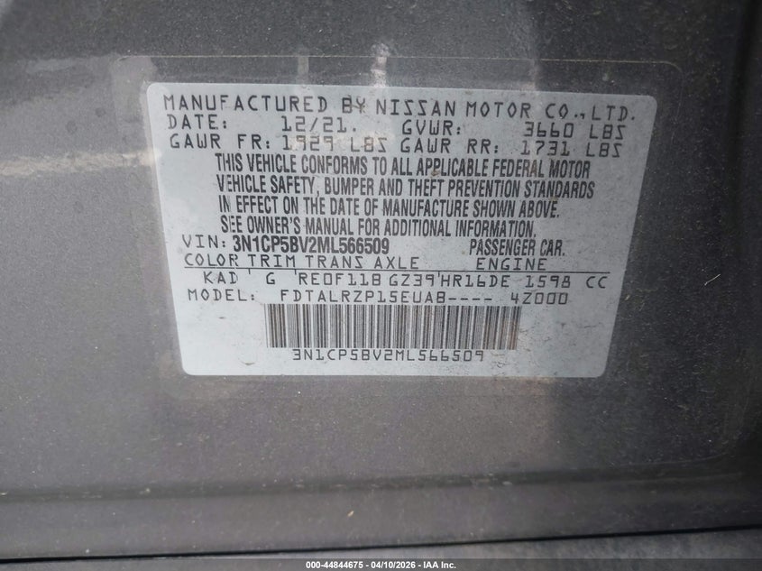 2021 Nissan Kicks 1.6 S Xtronic Cvt Grey Lot 111044844675 Vin 3N1CP5BV2ML566509