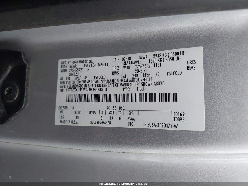 VIN 1FTEX1EP2JKF58063 2018 FORD F-150 XL