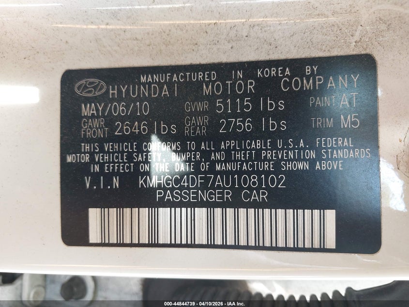 2010 Hyundai Genesis 4.6 VIN: KMHGC4DF7AU108102 Lot: 44844739