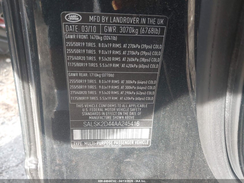2010 Land Rover Range Rover Sport Hse VIN: SALSK2D44AA245416 Lot: 44844742