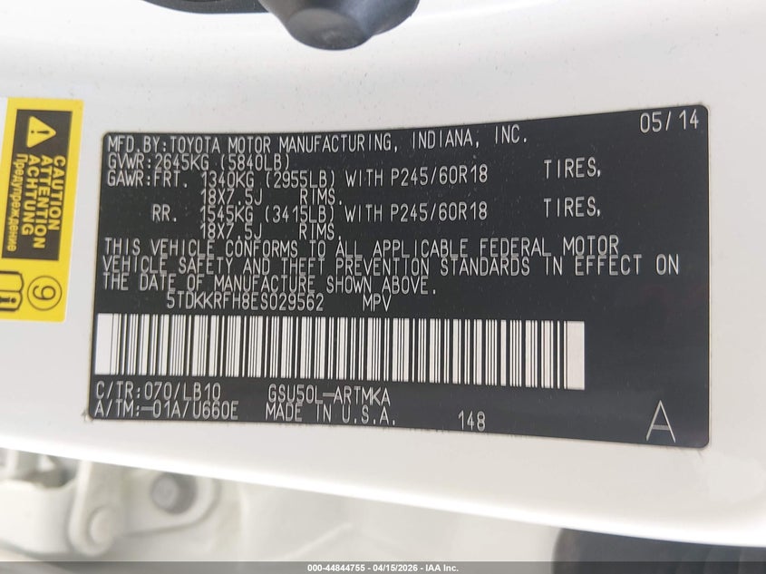 2014 Toyota Highlander Xle V6 VIN: 5TDKKRFH8ES029562 Lot: 44844755
