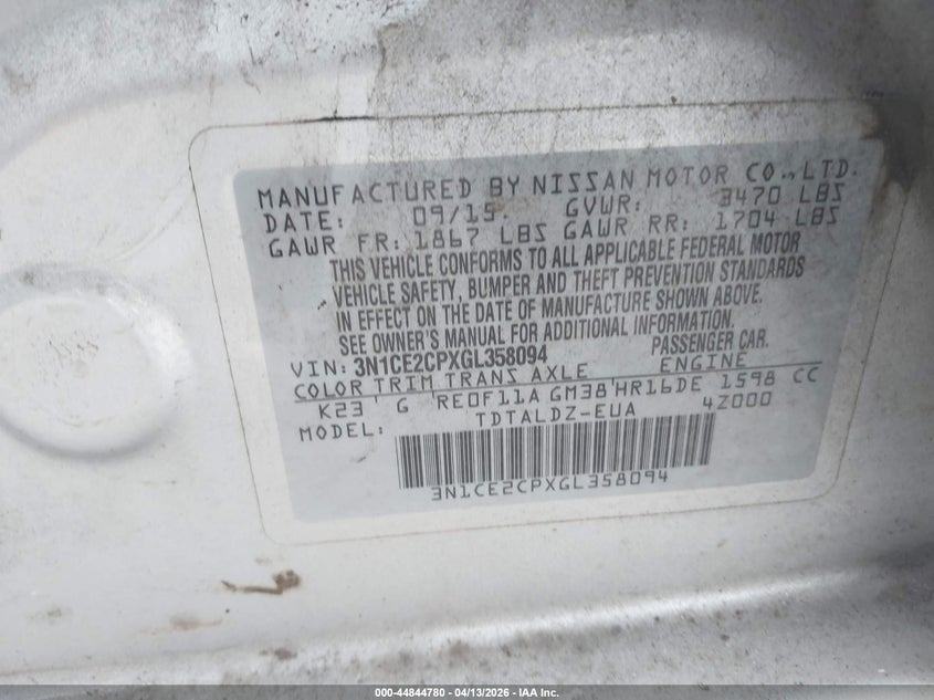 2016 Nissan Versa 1.6 Note S (Sr) S Plus Sl Sr Sv silver Lot 111044844780 Vin 3N1CE2CPXGL358094