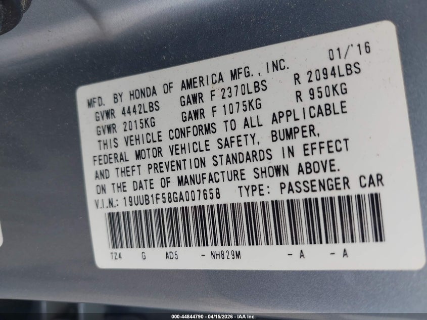 2016 Acura Tlx Tech VIN: 19UUB1F58GA007658 Lot: 44844790