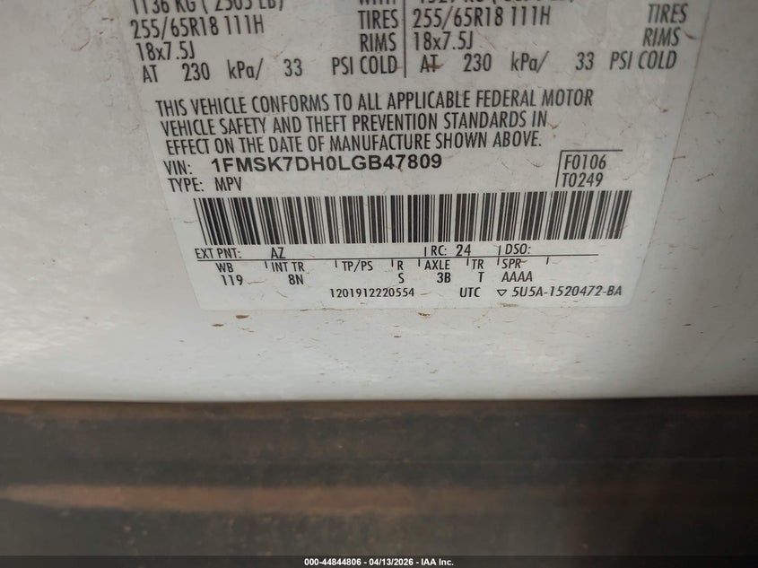 1FMSK7DH0LGB47809 2020 Ford Explorer 2.3 Xlt white