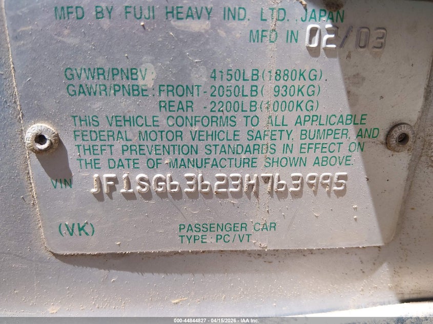 2003 Subaru Forester X VIN: JF1SG63623H763995 Lot: 44844827