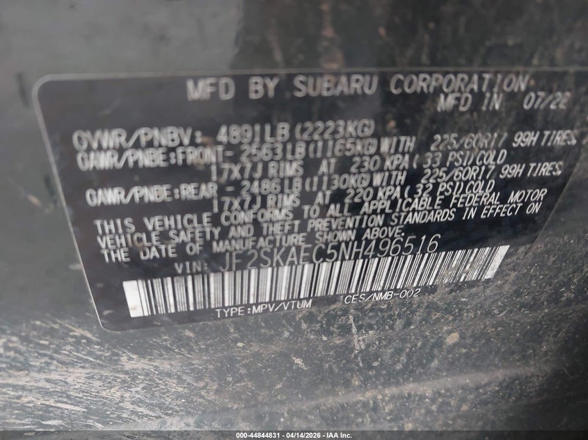 2022 Subaru Forester Premium VIN: JF2SKAEC5NH496516 Lot: 44844831