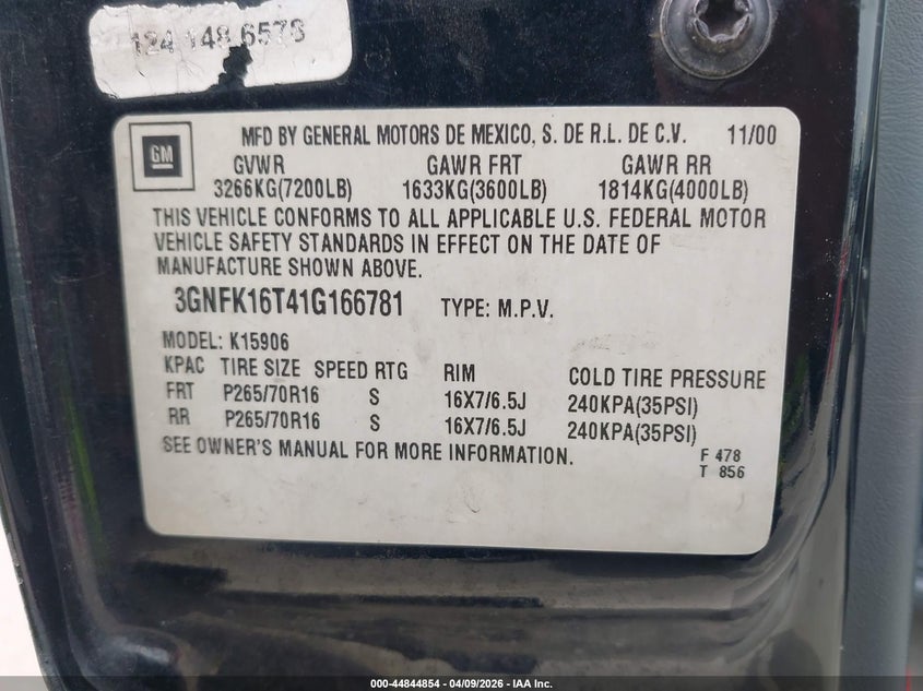 2001 Chevrolet Suburban 1500 Lt VIN: 3GNFK16T41G166781 Lot: 44844854